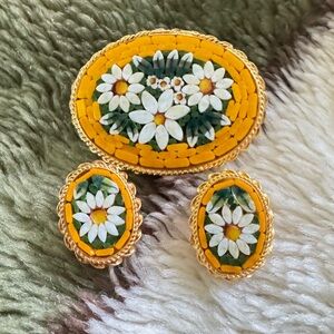 Floral Mosaic Brooch and Earrings Set